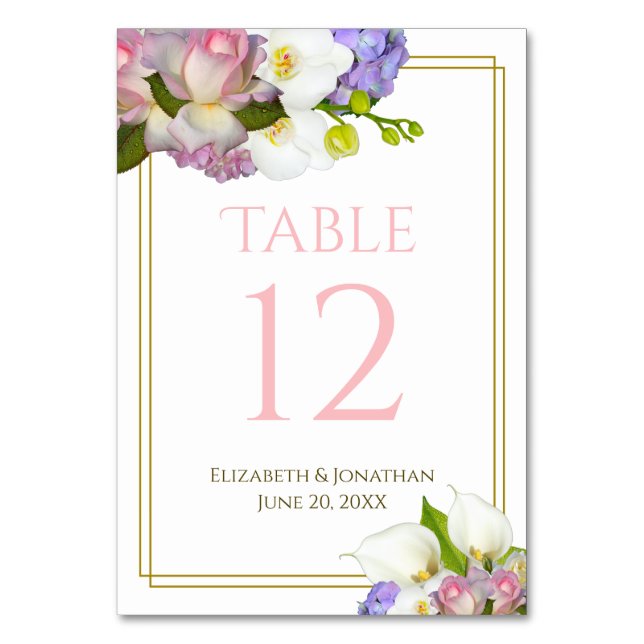 Pastel Bouquet Spring Floral Gold and Pink Wedding Table Number (Front)