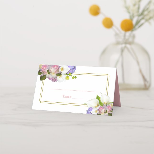 Pastel Bouquet Spring Floral Pink & Gold Wedding Place Card (Front)