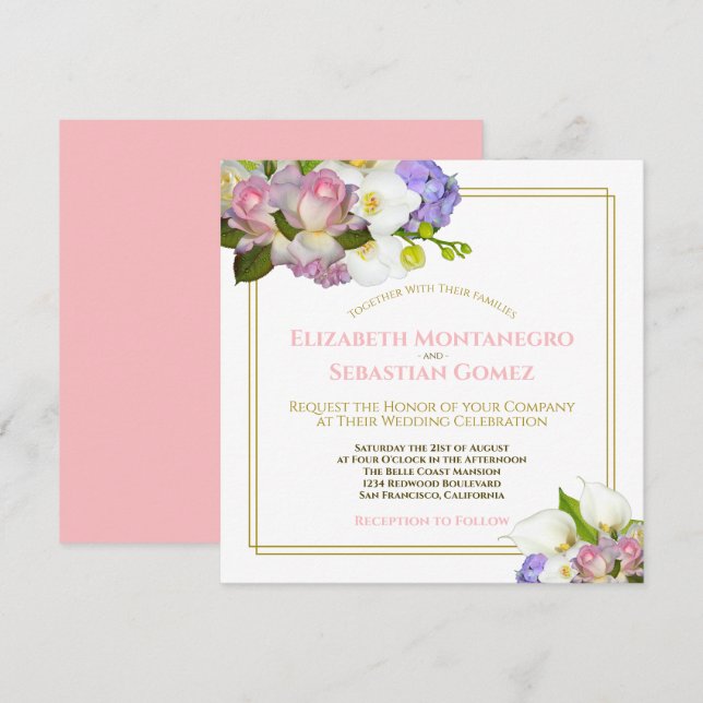 Pastel Bouquet Spring Floral Square Wedding Invitation (Front/Back)