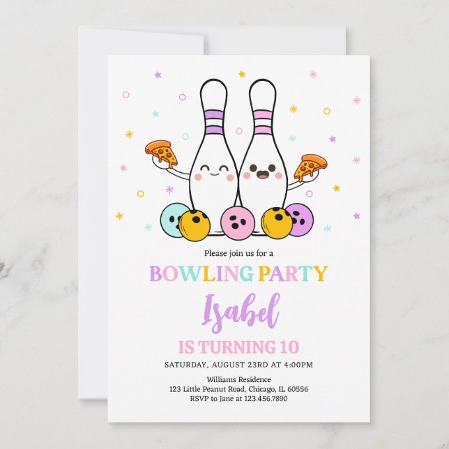 Pastel Bowling and Pizza Birthday Party Invitation (Front)