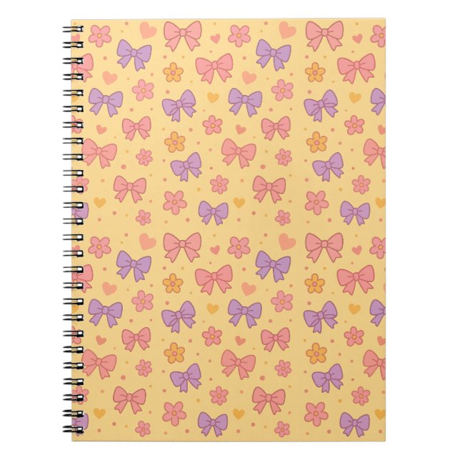 Pastel Bows & Flowers Pattern – Cute Yellow Girly Notebook (Front)