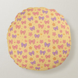Pastel Bows & Flowers Pattern – Cute Yellow Girly Round Cushion