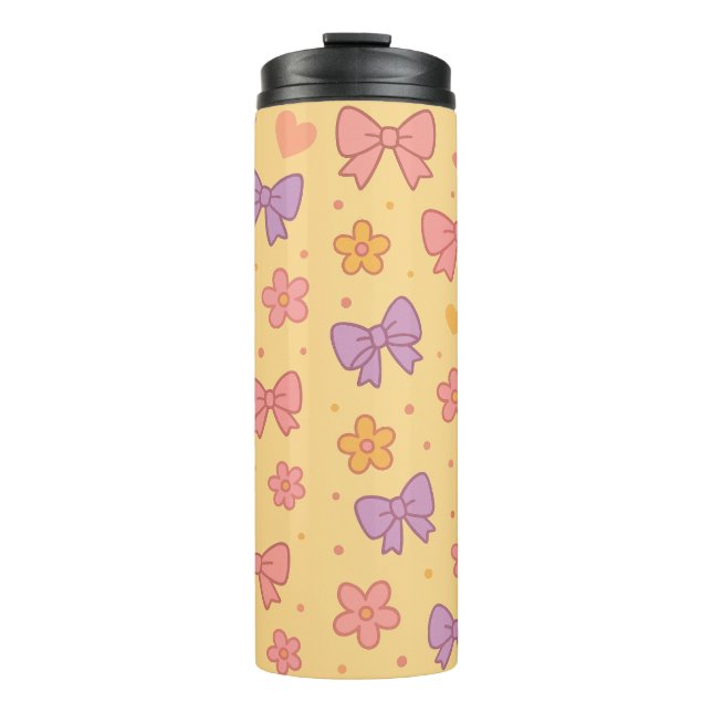 Pastel Bows & Flowers Pattern – Cute Yellow Girly  Thermal Tumbler (Front)