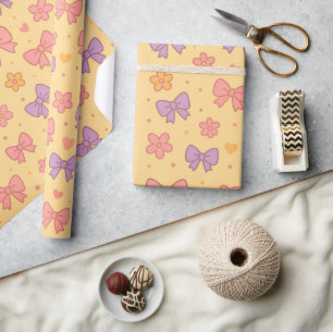 Pastel Bows & Flowers Pattern – Cute Yellow Girly Wrapping Paper