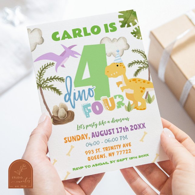 Pastel Boy Dinosaur 4th Birthday Party Invitation (Creator Uploaded)