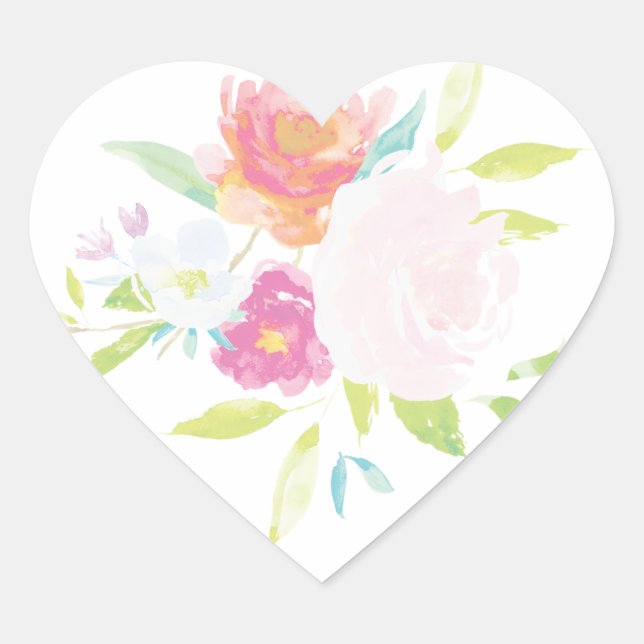 Pastel Bright Floral Watercolor Heart Sticker (Front)