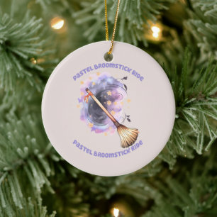 Pastel Broomstick Ride – Whimsical Witch Broom Ceramic Tree Decoration