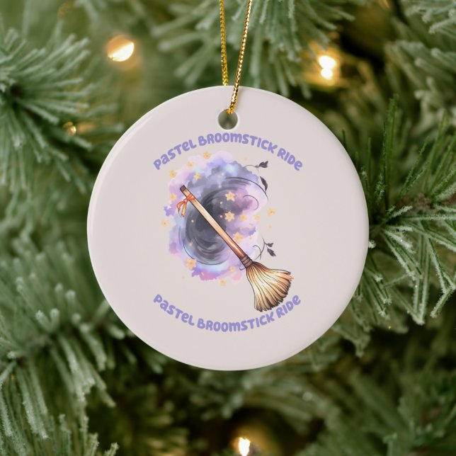 Pastel Broomstick Ride – Whimsical Witch Broom Ceramic Tree Decoration (Tree)
