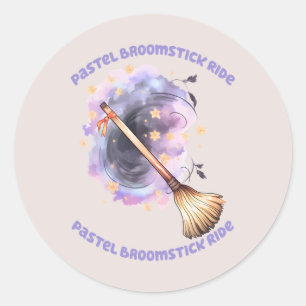 Pastel Broomstick Ride – Whimsical Witch Broom Classic Round Sticker