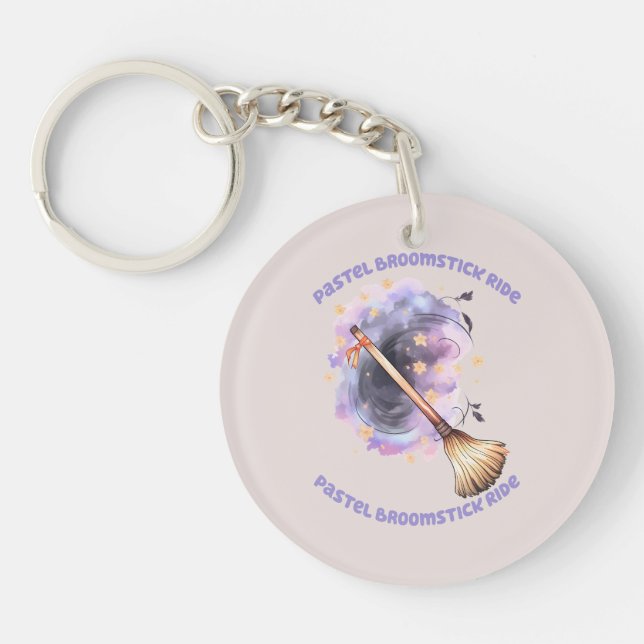Pastel Broomstick Ride – Whimsical Witch Broom Key Ring (Front)