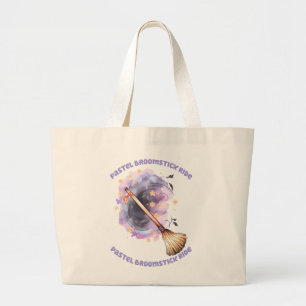 Pastel Broomstick Ride – Whimsical Witch Broom Large Tote Bag