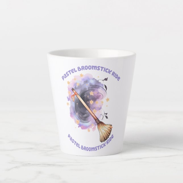 Pastel Broomstick Ride – Whimsical Witch Broom Latte Mug (Front)