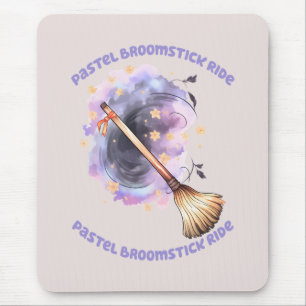 Pastel Broomstick Ride – Whimsical Witch Broom Mouse Mat