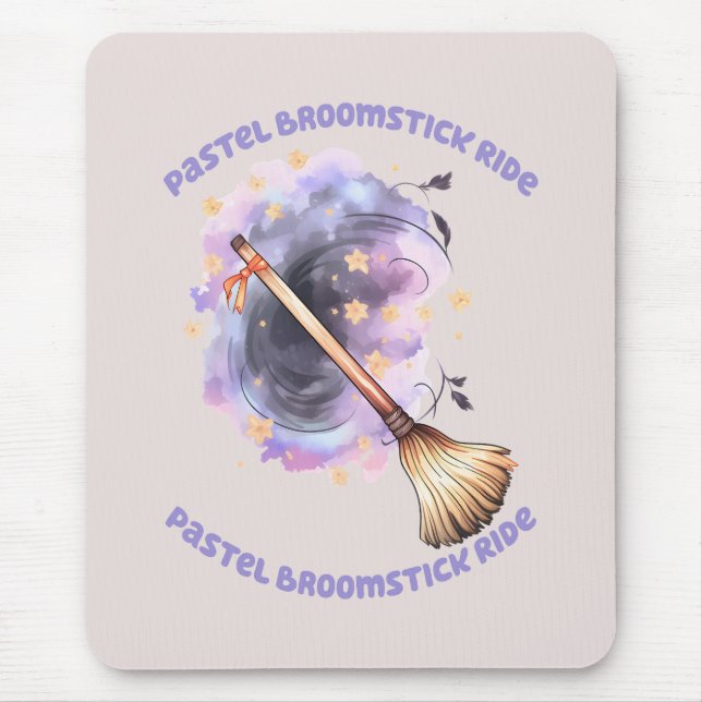 Pastel Broomstick Ride – Whimsical Witch Broom Mouse Mat (Front)