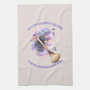Pastel Broomstick Ride – Whimsical Witch Broom Tea Towel