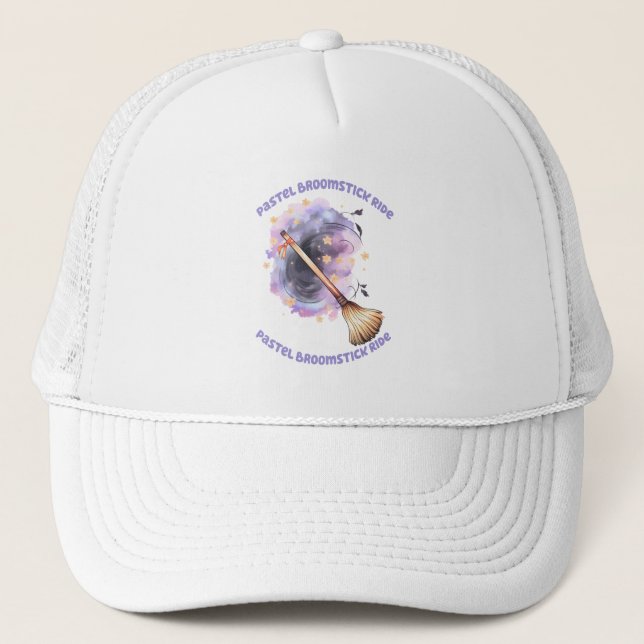 Pastel Broomstick Ride – Whimsical Witch Broom Trucker Hat (Front)