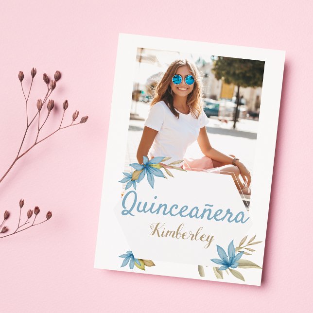 Pastel brown blue flower Photo Quinceañera Party Invitation (Pastel brown blue flower Photo Quinceañera Party)