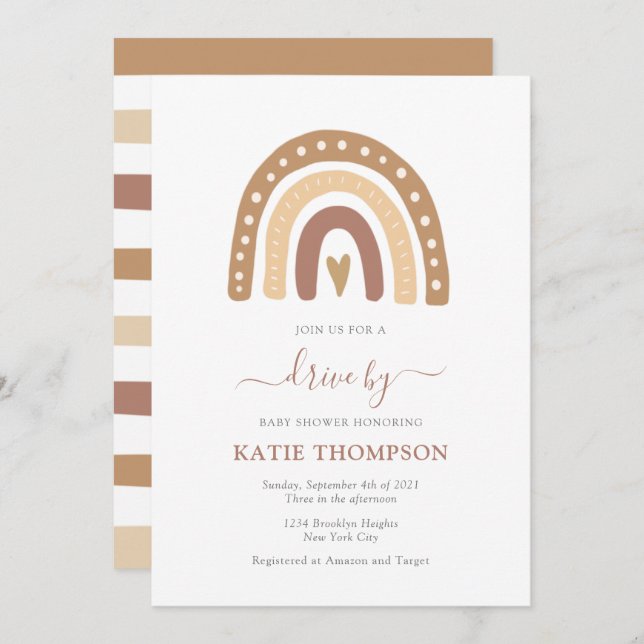 Pastel Brown Rainbow Boho Drive By Baby Shower Invitation (Front/Back)