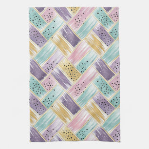 Pastel Brushstroke & Gold Crisscross Abstract Tea Towel
