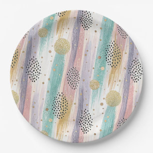 Pastel Brushstroke & Gold Geometric Abstract Paper Plate