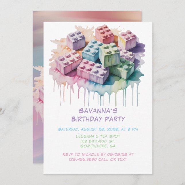 Pastel Building Block Splash Girl Birthday Party Invitation (Front/Back)