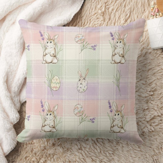 Pastel Bunny Egg Gingham Spring Pattern Cushion (Blanket)