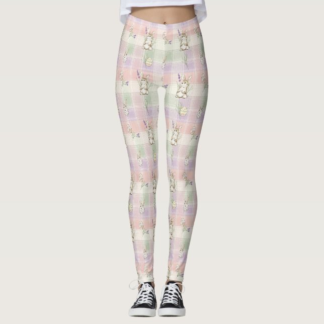 Pastel Bunny Egg Gingham Spring Pattern Leggings (Front)