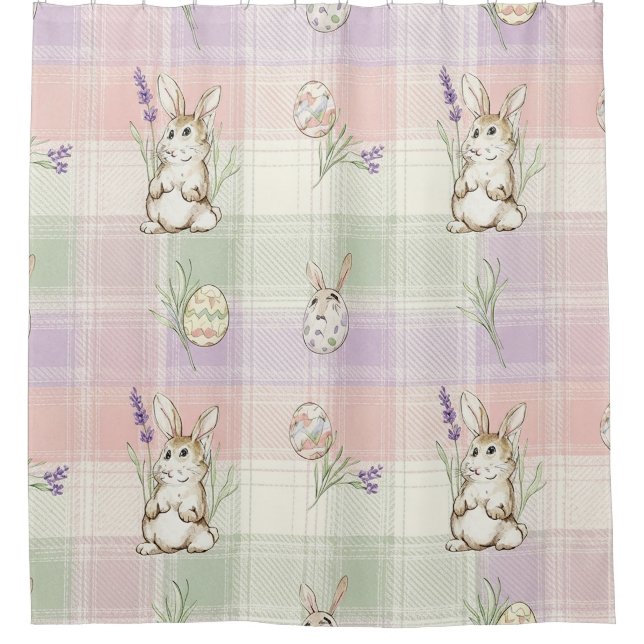 Pastel Bunny Egg Gingham Spring Pattern Shower Curtain (Front)