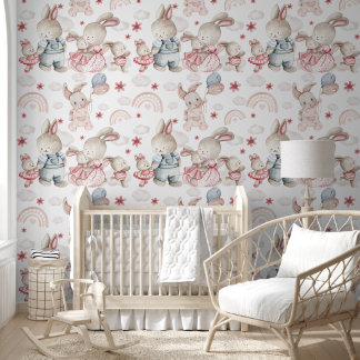 Pastel Bunny Family Nursery Watercolor Wallpaper