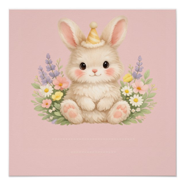 Pastel Bunny Wildflower Illustration Poster (Front)