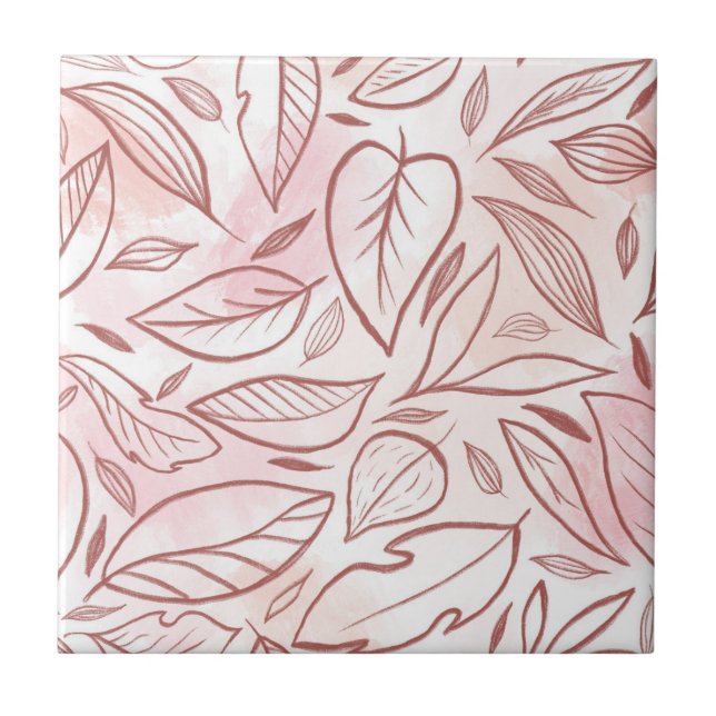 Pastel Burgundy Drawn Leaves Pattern Tile (Front)