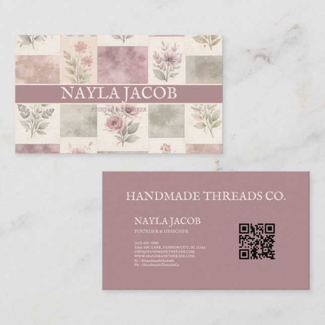 Pastel Burgundy Pretty Girly Purple Green Pattern Business Card (Front/Back)