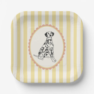 Pastel Butter Yellow and Orange Stripes and Dog Paper Plate