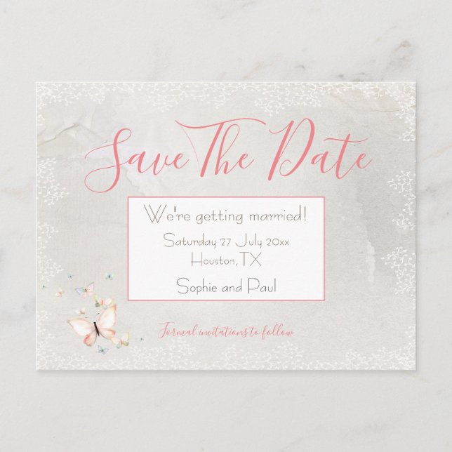 Pastel Butterflies Border/Save The Date Postcards (Front)