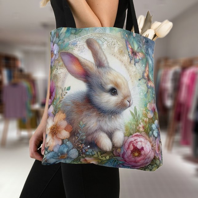 Pastel Butterflies Cute Bunny Floral Garden Tote Bag (Creator Uploaded)
