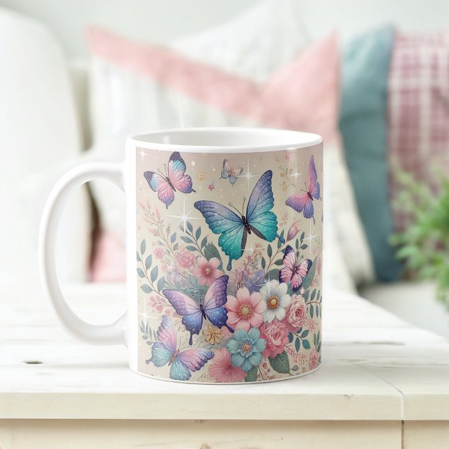 Pastel Butterflies & Glitter Floral Delight Coffee Mug (Creator Uploaded)