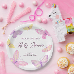 Pastel Butterflies Pink Purple Baby Shower Paper Plate