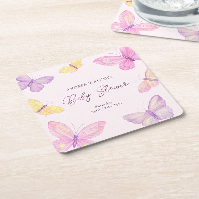 Pastel Butterflies Pink Purple Baby Shower Square Paper Coaster (Angled)