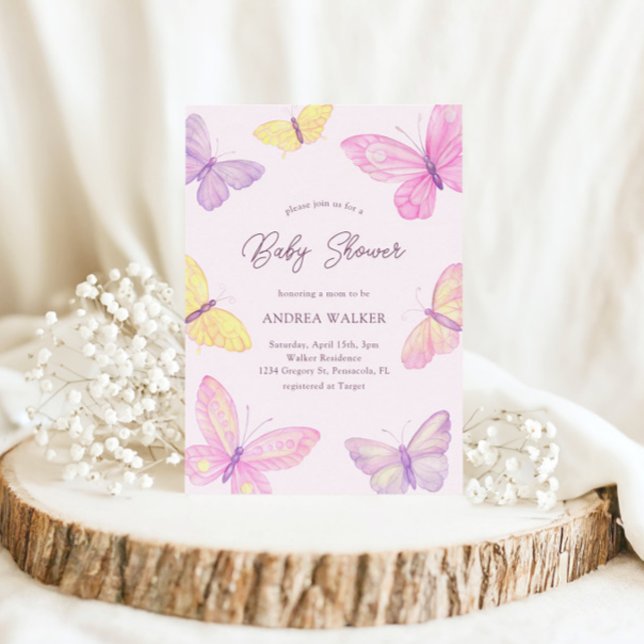 Pastel Butterflies Pink Purple Elegant Baby Shower Invitation (Creator Uploaded)