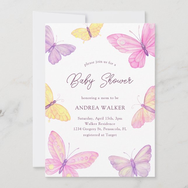 Pastel Butterflies Pink Purple Elegant Baby Shower Invitation (Front)