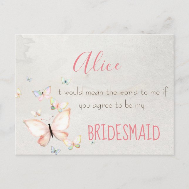 Pastel Butterflies Will you Be My Bridesmaid Invitation Postcard (Front)