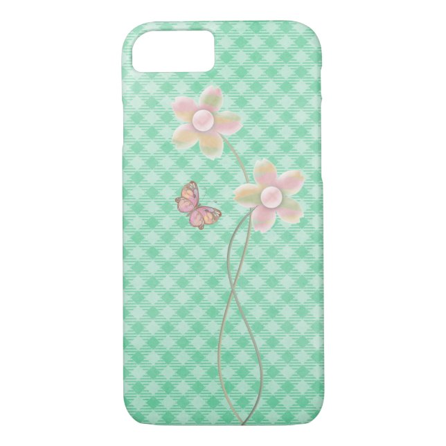 pastel butterfly and flower on chequered green Case-Mate iPhone case (Back)