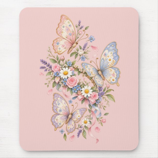 Pastel Butterfly Birthday Garden  Mouse Mat (Front)