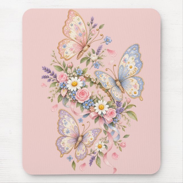 Pastel Butterfly Birthday Garden  Mouse Mat (Front)