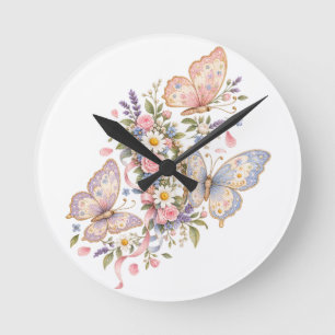 Pastel Butterfly Birthday Garden  Round Clock