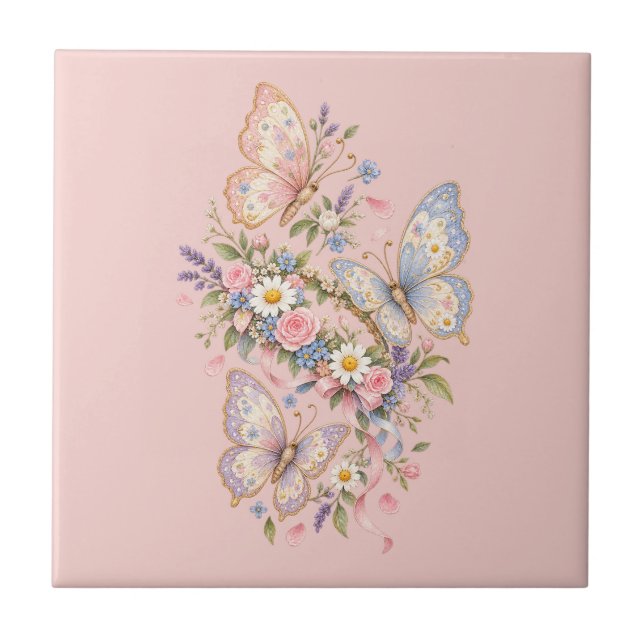 Pastel Butterfly Birthday Garden  Tile (Front)