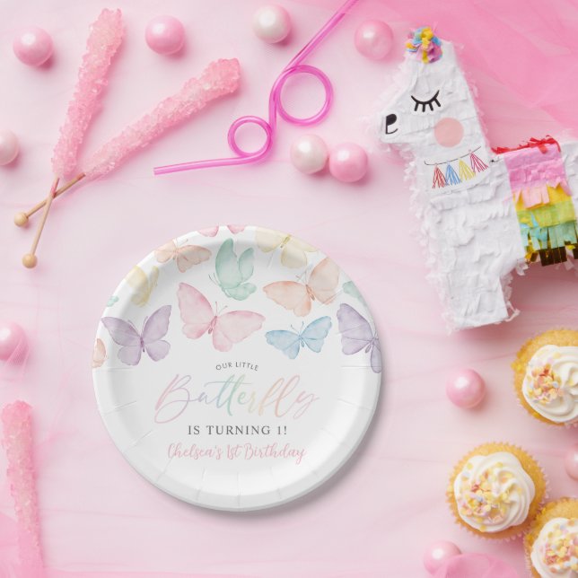 Pastel Butterfly Girl's 1st Birthday Rainbow Party Paper Plate (Party)