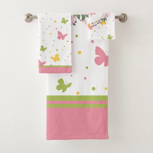 Pastel Butterfly Pattern with Flowers and Name Bath Towel Set (Insitu)