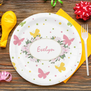 Pastel Butterfly Pattern with Flowers and Name Paper Plate