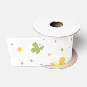 Pastel Butterfly Pattern with Flowers and Name Satin Ribbon